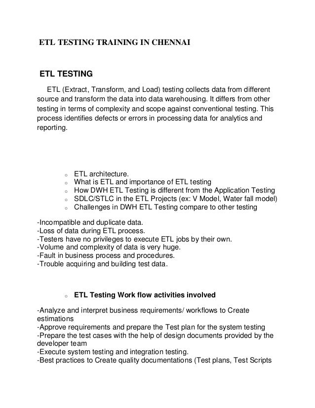 Etl testing training Syllabus
