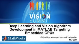 Copyright © 2017 MathWorks, Inc 1
Girish Venkataramani, Avinash Nehemiah
May 2017
Deep Learning and Vision Algorithm
Development in MATLAB Targeting
Embedded GPUs
 