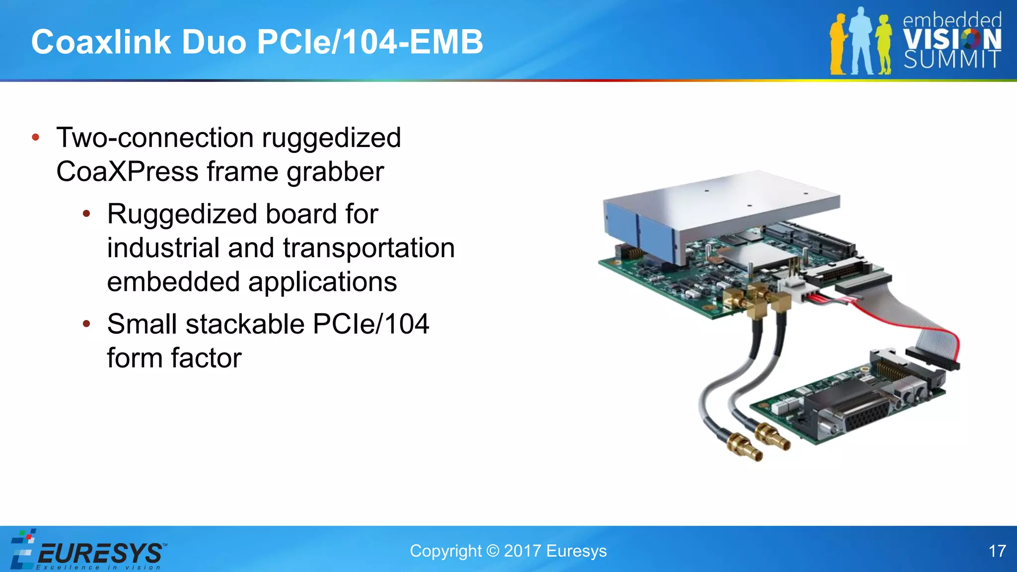 Copyright © 2017 Euresys 17
• Two-connection ruggedized
CoaXPress frame grabber
• Ruggedized board for
industrial and transportation
embedded applications
• Small stackable PCIe/104
form factor
Coaxlink Duo PCIe/104-EMB
 