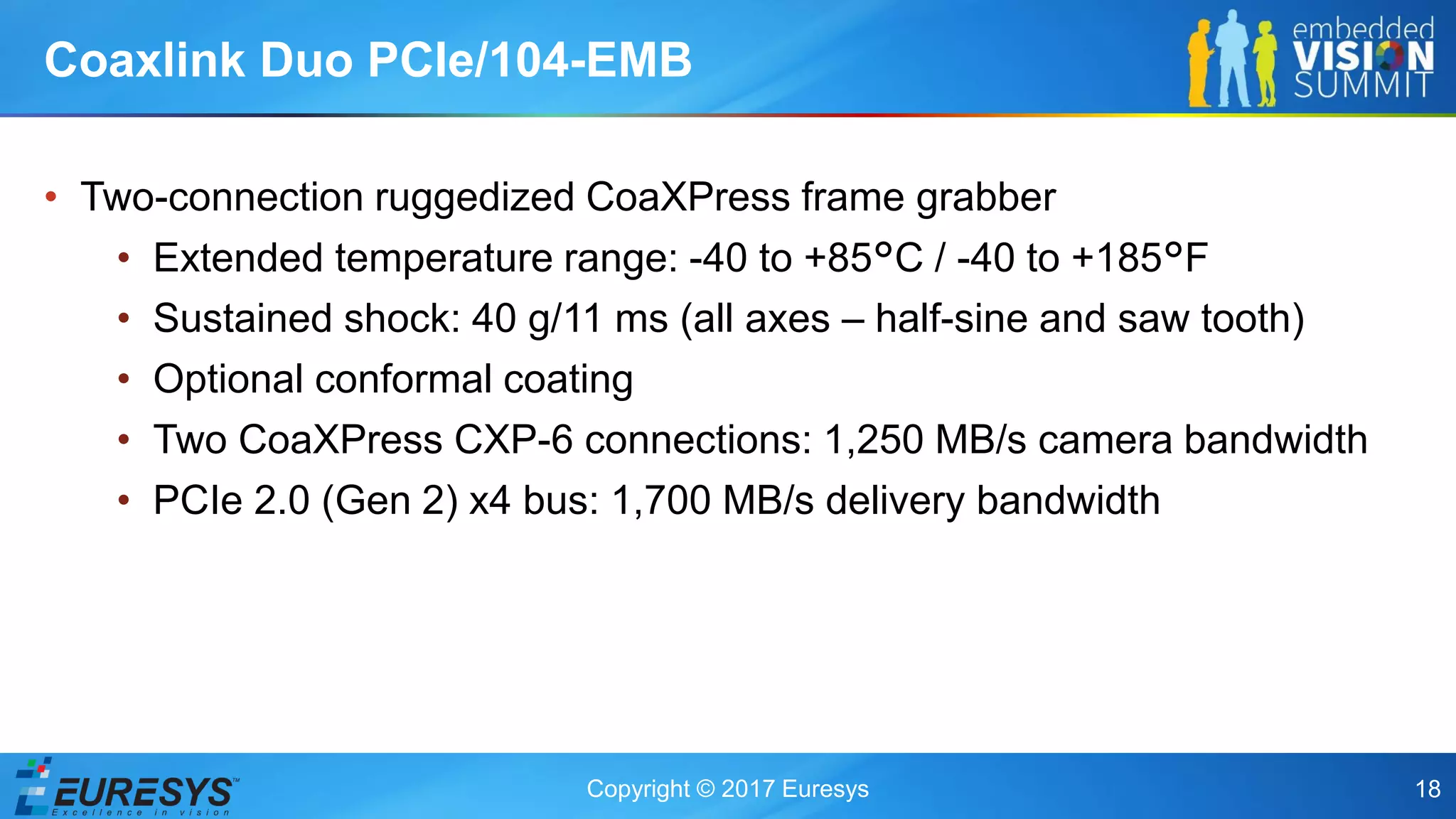 Copyright © 2017 Euresys 18
• Two-connection ruggedized CoaXPress frame grabber
• Extended temperature range: -40 to +85°C / -40 to +185°F
• Sustained shock: 40 g/11 ms (all axes – half-sine and saw tooth)
• Optional conformal coating
• Two CoaXPress CXP-6 connections: 1,250 MB/s camera bandwidth
• PCIe 2.0 (Gen 2) x4 bus: 1,700 MB/s delivery bandwidth
Coaxlink Duo PCIe/104-EMB
 
