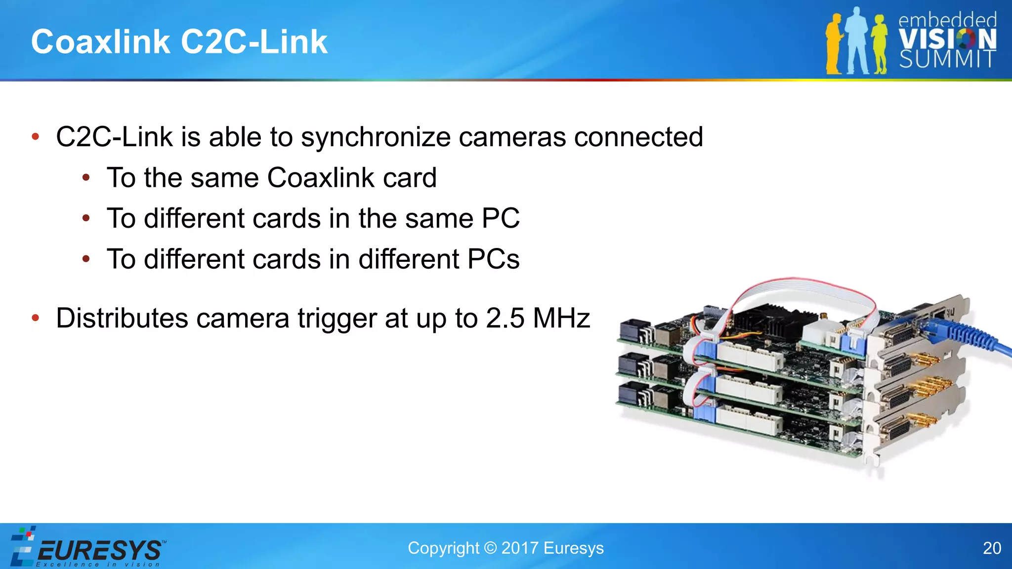 Copyright © 2017 Euresys 20
• C2C-Link is able to synchronize cameras connected
• To the same Coaxlink card
• To different cards in the same PC
• To different cards in different PCs
• Distributes camera trigger at up to 2.5 MHz
Coaxlink C2C-Link
 