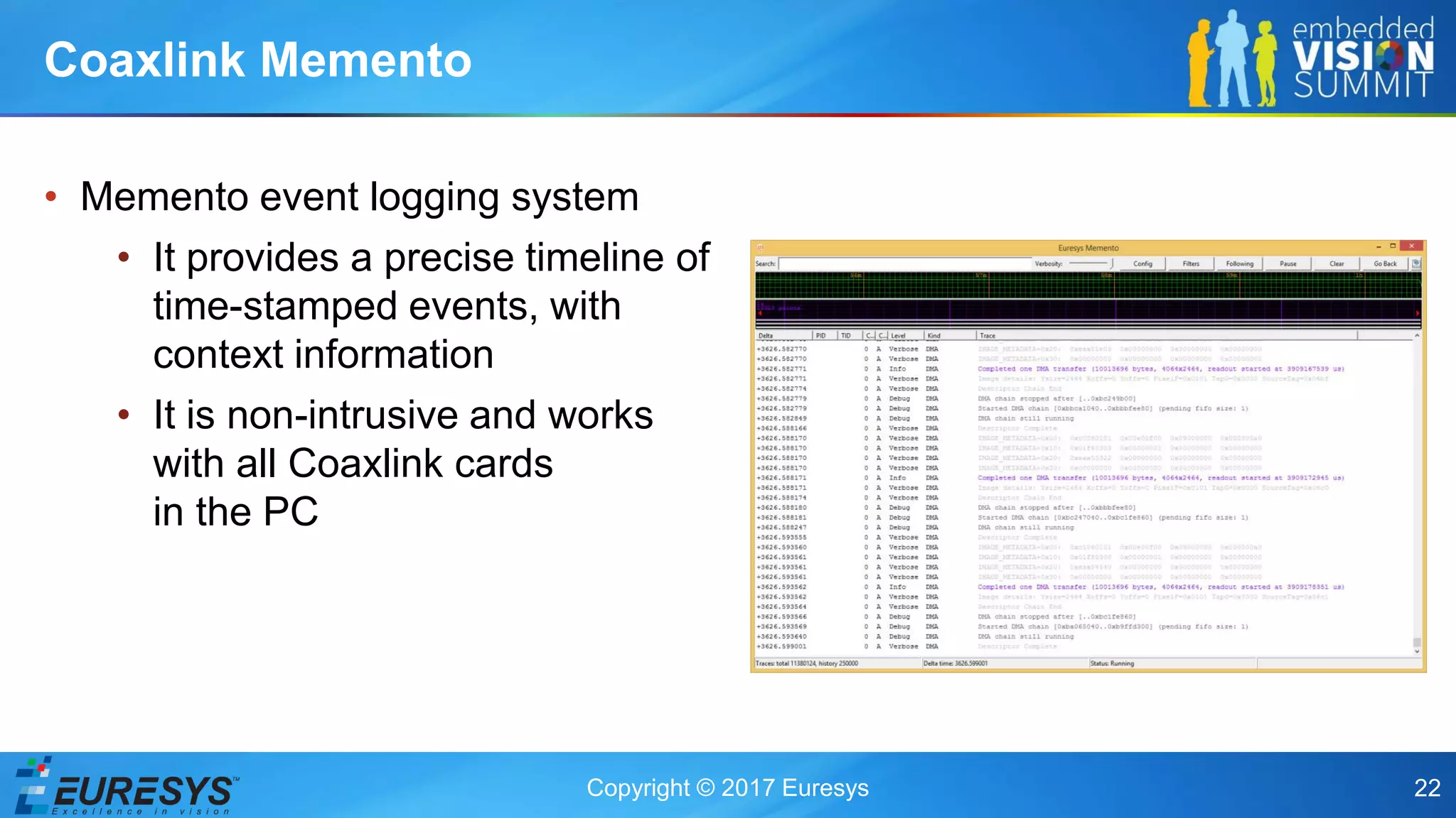 Copyright © 2017 Euresys 22
• Memento event logging system
• It provides a precise timeline of
time-stamped events, with
context information
• It is non-intrusive and works
with all Coaxlink cards
in the PC
Coaxlink Memento
 