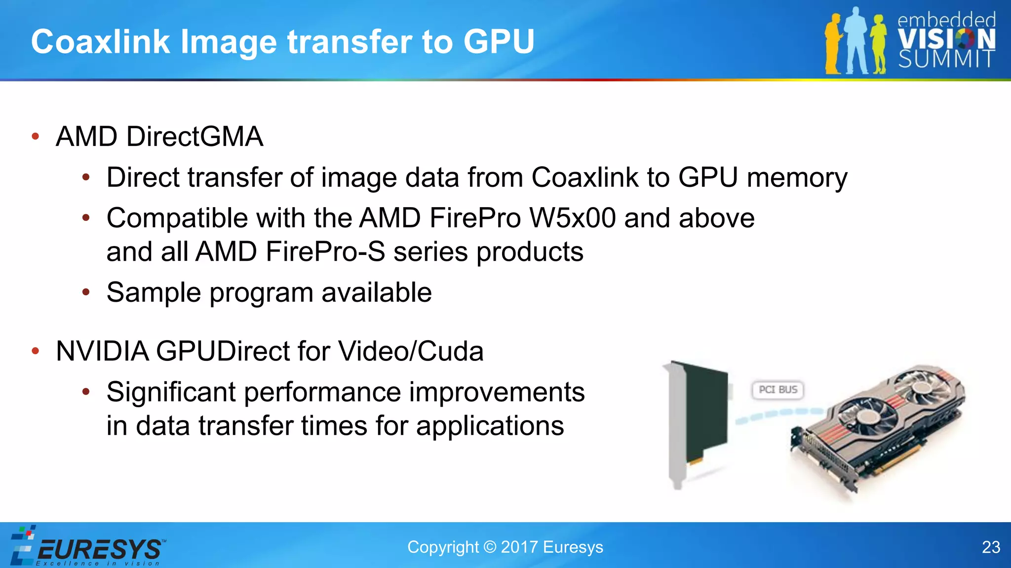 Copyright © 2017 Euresys 23
• AMD DirectGMA
• Direct transfer of image data from Coaxlink to GPU memory
• Compatible with the AMD FirePro W5x00 and above
and all AMD FirePro-S series products
• Sample program available
• NVIDIA GPUDirect for Video/Cuda
• Significant performance improvements
in data transfer times for applications
Coaxlink Image transfer to GPU
 