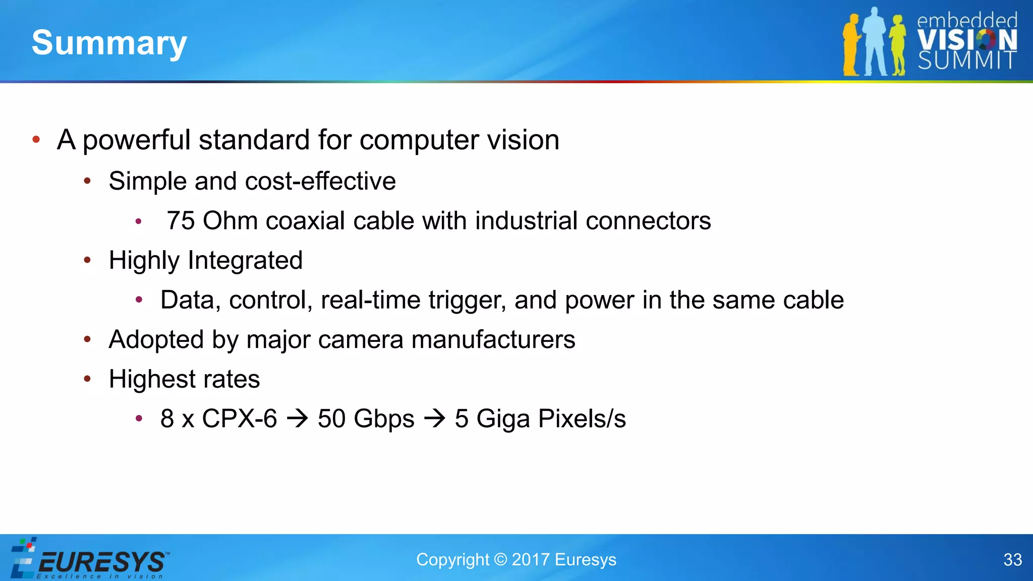 Copyright © 2017 Euresys 33
• A powerful standard for computer vision
• Simple and cost-effective
• 75 Ohm coaxial cable with industrial connectors
• Highly Integrated
• Data, control, real-time trigger, and power in the same cable
• Adopted by major camera manufacturers
• Highest rates
• 8 x CPX-6  50 Gbps  5 Giga Pixels/s
Summary
 