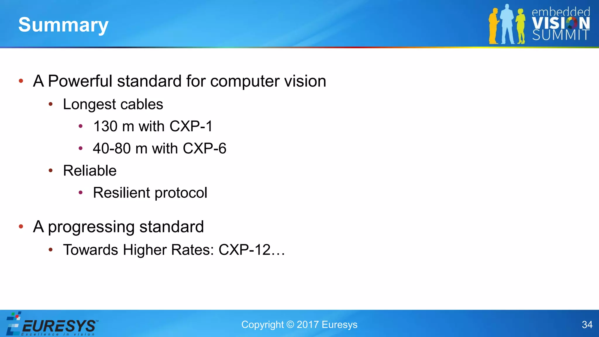 Copyright © 2017 Euresys 34
• A Powerful standard for computer vision
• Longest cables
• 130 m with CXP-1
• 40-80 m with CXP-6
• Reliable
• Resilient protocol
• A progressing standard
• Towards Higher Rates: CXP-12…
Summary
 