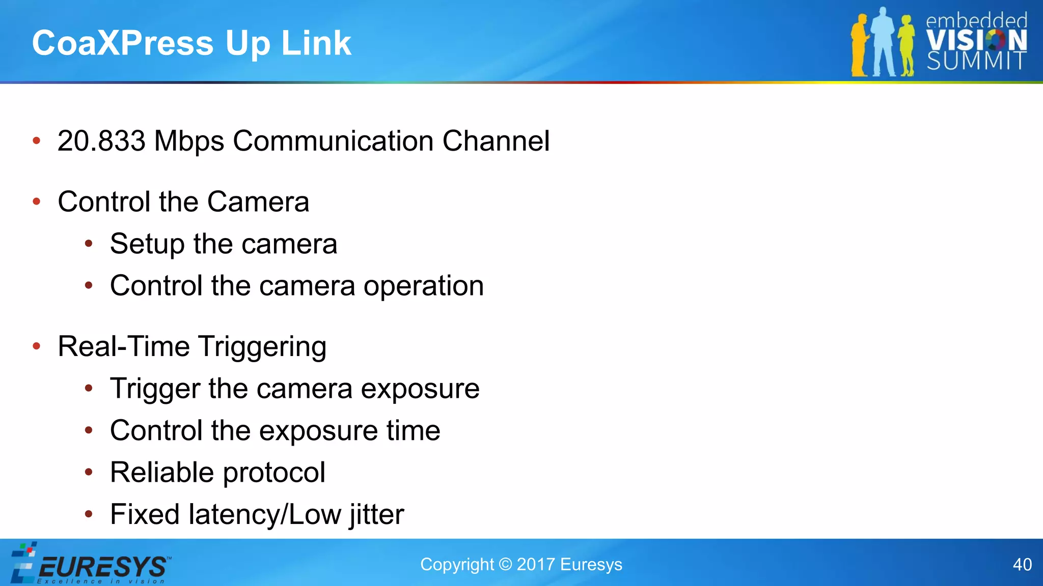 Copyright © 2017 Euresys 40
• 20.833 Mbps Communication Channel
• Control the Camera
• Setup the camera
• Control the camera operation
• Real-Time Triggering
• Trigger the camera exposure
• Control the exposure time
• Reliable protocol
• Fixed latency/Low jitter
CoaXPress Up Link
 