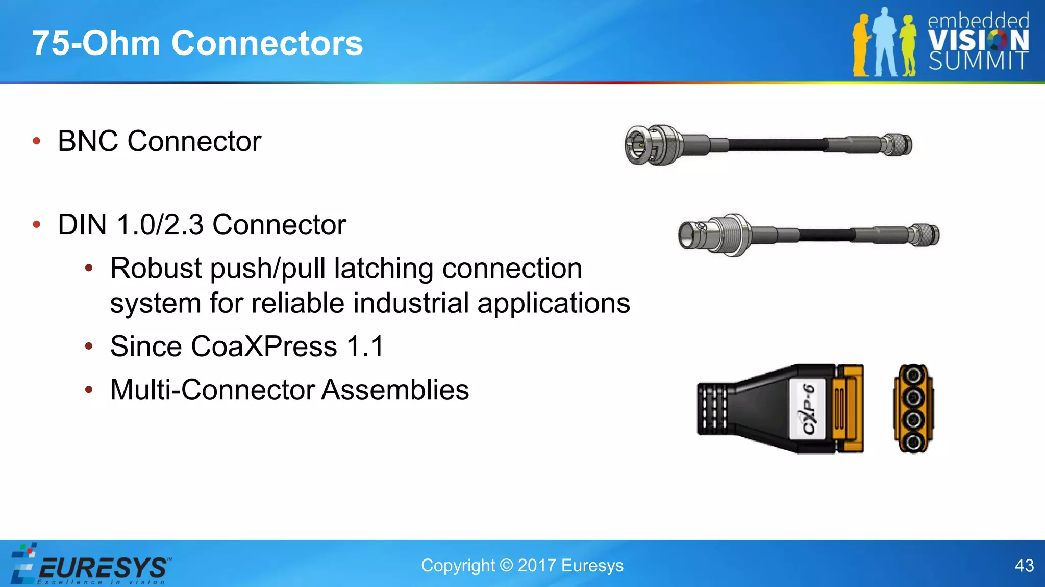 Copyright © 2017 Euresys 43
• BNC Connector
• DIN 1.0/2.3 Connector
• Robust push/pull latching connection
system for reliable industrial applications
• Since CoaXPress 1.1
• Multi-Connector Assemblies
75-Ohm Connectors
 