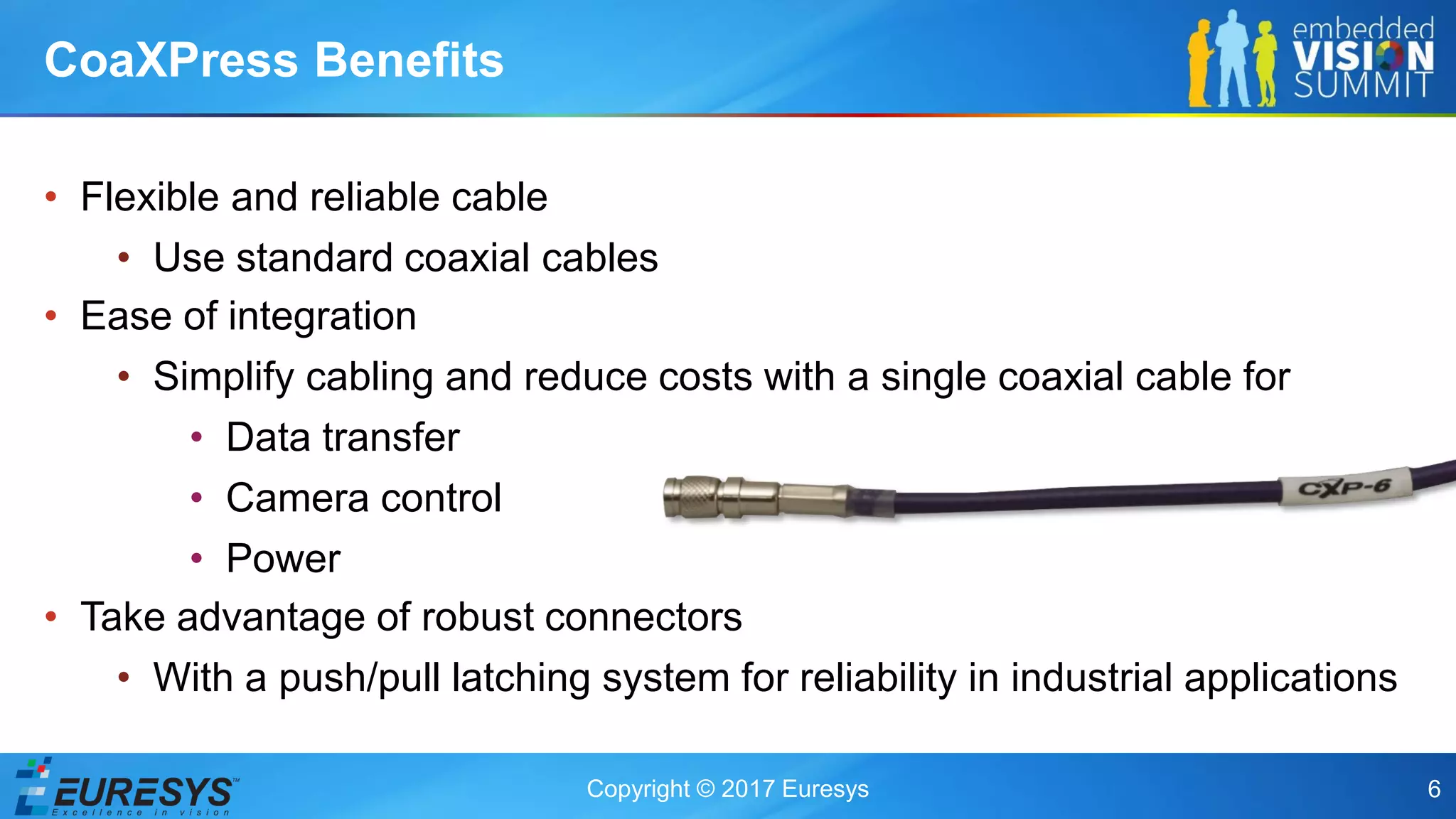Copyright © 2017 Euresys 6
• Flexible and reliable cable
• Use standard coaxial cables
• Ease of integration
• Simplify cabling and reduce costs with a single coaxial cable for
• Data transfer
• Camera control
• Power
• Take advantage of robust connectors
• With a push/pull latching system for reliability in industrial applications
CoaXPress Benefits
 