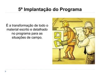 5º Implantação do Programa
É a transformação de todo o
material escrito e detalhado
no programa para as
situações de campo.
 