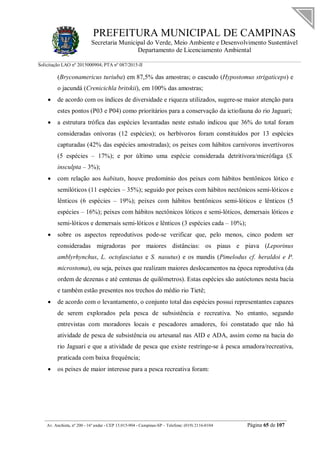 PREFEITURA MUNICIPAL DE CAMPINAS
Secretaria Municipal do Verde, Meio Ambiente e Desenvolvimento Sustentável
Departamento de Licenciamento Ambiental
Solicitação LAO nº 2015000904; PTA nº 087/2015-II
__________________________________________________________________________________________
Av. Anchieta, nº 200 - 16º andar - CEP 13.015-904 - Campinas-SP – Telefone: (019) 2116-0104 Página 65 de 107
(Bryconamericus turiuba) em 87,5% das amostras; o cascudo (Hypostomus strigaticeps) e
o jacundá (Crenicichla britskii), em 100% das amostras;
 de acordo com os índices de diversidade e riqueza utilizados, sugere-se maior atenção para
estes pontos (P03 e P04) como prioritários para a conservação da ictiofauna do rio Jaguari;
 a estrutura trófica das espécies levantadas neste estudo indicou que 36% do total foram
consideradas onívoras (12 espécies); os herbívoros foram constituídos por 13 espécies
capturadas (42% das espécies amostradas); os peixes com hábitos carnívoros invertívoros
(5 espécies – 17%); e por último uma espécie considerada detritívora/micrófaga (S.
insculpta – 3%);
 com relação aos habitats, houve predomínio dos peixes com hábitos bentônicos lótico e
semilóticos (11 espécies – 35%); seguido por peixes com hábitos nectônicos semi-lóticos e
lênticos (6 espécies – 19%); peixes com hábitos bentônicos semi-lóticos e lênticos (5
espécies – 16%); peixes com hábitos nectônicos lóticos e semi-lóticos, demersais lóticos e
semi-lóticos e demersais semi-lóticos e lênticos (3 espécies cada – 10%);
 sobre os aspectos reprodutivos pode-se verificar que, pelo menos, cinco podem ser
consideradas migradoras por maiores distâncias: os piaus e piava (Leporinus
amblyrhynchus, L. octofasciatus e S. nasutus) e os mandis (Pimelodus cf. heraldoi e P.
microstoma), ou seja, peixes que realizam maiores deslocamentos na época reprodutiva (da
ordem de dezenas e até centenas de quilômetros). Estas espécies são autóctones nesta bacia
e também estão presentes nos trechos do médio rio Tietê;
 de acordo com o levantamento, o conjunto total das espécies possui representantes capazes
de serem explorados pela pesca de subsistência e recreativa. No entanto, segundo
entrevistas com moradores locais e pescadores amadores, foi constatado que não há
atividade de pesca de subsistência ou artesanal nas AID e ADA, assim como na bacia do
rio Jaguari e que a atividade de pesca que existe restringe-se à pesca amadora/recreativa,
praticada com baixa frequência;
 os peixes de maior interesse para a pesca recreativa foram:
 