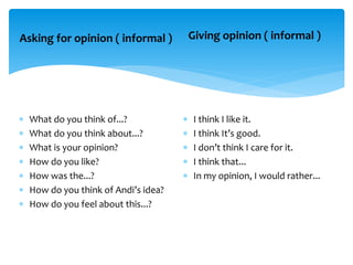Asking for opinion ( informal )
 What do you think of...?
 What do you think about...?
 What is your opinion?
 How do you like?
 How was the...?
 How do you think of Andi’s idea?
 How do you feel about this...?
Giving opinion ( informal )
 I think I like it.
 I think It’s good.
 I don’t think I care for it.
 I think that...
 In my opinion, I would rather...
 
