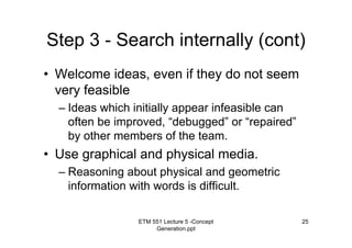 ETM 551 Lecture 5 -Concept
Generation.ppt
25
Step 3 - Search internally (cont)
• Welcome ideas, even if they do not seem
very feasible
– Ideas which initially appear infeasible can
often be improved, “debugged” or “repaired”
by other members of the team.
• Use graphical and physical media.
– Reasoning about physical and geometric
information with words is difficult.
 