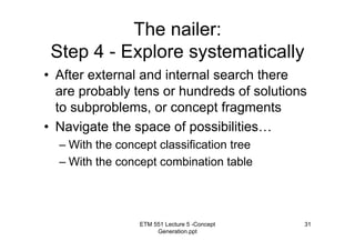 ETM 551 Lecture 5 -Concept
Generation.ppt
31
The nailer:
Step 4 - Explore systematically
• After external and internal search there
are probably tens or hundreds of solutions
to subproblems, or concept fragments
• Navigate the space of possibilities…
– With the concept classification tree
– With the concept combination table
 