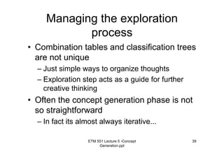 ETM 551 Lecture 5 -Concept
Generation.ppt
39
Managing the exploration
process
• Combination tables and classification trees
are not unique
– Just simple ways to organize thoughts
– Exploration step acts as a guide for further
creative thinking
• Often the concept generation phase is not
so straightforward
– In fact its almost always iterative...
 