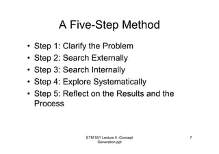 ETM 551 Lecture 5 -Concept
Generation.ppt
7
A Five-Step Method
• Step 1: Clarify the Problem
• Step 2: Search Externally
• Step 3: Search Internally
• Step 4: Explore Systematically
• Step 5: Reflect on the Results and the
Process
 