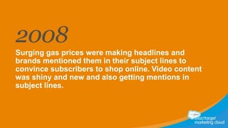2008
Surging gas prices were making headlines and
brands mentioned them in their subject lines to
convince subscribers to shop online. Video content
was shiny and new and also getting mentions in
subject lines.

 