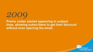 2009
Promo codes started appearing in subject
lines, allowing subscribers to get their discount
without even opening the email.

 