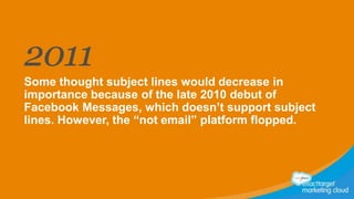 2011
Some thought subject lines would decrease in
importance because of the late 2010 debut of
Facebook Messages, which doesn’t support subject
lines. However, the “not email” platform flopped.

 