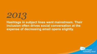 2013
Hashtags in subject lines went mainstream. Their
inclusion often drives social conversation at the
expense of decreasing email opens slightly.

 