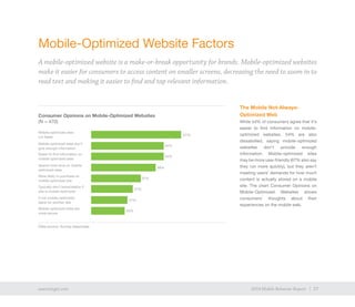 27exacttarget.com 272014 Mobile Behavior Report
Mobile-Optimized Website Factors
A mobile-optimized website is a make-or-break opportunity for brands. Mobile-optimized websites
make it easier for consumers to access content on smaller screens, decreasing the need to zoom in to
read text and making it easier to find and tap relevant information.
The Mobile Not-Always-
Optimized Web
While 54% of consumers agree that it’s
easier to find information on mobile-
optimized websites, 54% are also
dissatisfied, saying mobile-optimized
websites don’t provide enough
information. Mobile-optimized sites
may be more user-friendly (67% also say
they run more quickly), but they aren’t
meeting users’ demands for how much
content is actually stored on a mobile
site. The chart Consumer Opinions on
Mobile-Optimized Websites shows
consumers’ thoughts about their
experiences on the mobile web.
Consumer Opinions on Mobile-Optimized Websites
(N = 470)
Easier to find information on
mobile-optimized sites
Mobile-optimized sites
run faster
54%
Spend more time on mobile-
optimized sites
Mobile-optimized sites don’t
give enough information
54%
48%
More likely to purchase on
mobile-optimized site
Typically don’t know/realize if
site is mobile-optimized
37%
31%
If not mobile-optimized,
leave for another site
27%
Mobile-optimized sites are
more secure
25%
67%
Data source: Survey responses
 