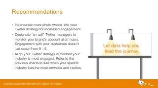 Recommendations 
• Incorporate more photo tweets into your 
Twitter strategy for increased engagement. 
• Designate “on-call” Twitter managers to 
monitor your brand’s account at all hours. 
Engagement with your customers doesn’t 
just occur from 9 – 5. 
• Align your Twitter strategy with when your 
industry is most engaged. Refer to the 
previous charts to see when your specific 
industry has the most retweets and replies. 
Social Engagement Benchmark Report for Twitter 
 