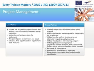 Project ManagementProject PartnersLead PartnerSupport the progress of project activities and assure good communication between partner institutions