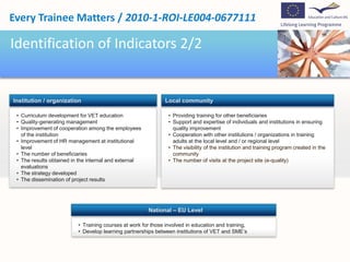 Project OutcomesA needs analysis questionnaire  & reportAn e-learning training program in quality assuranceThe “Quality portfolio”, which includes  tools and procedures for self-evaluation, for implement of quality in VETA platform for online learning to increase access to training programs and materials 