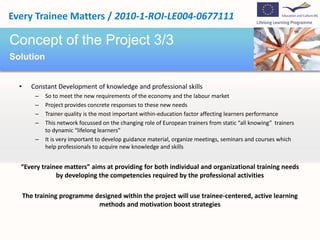 Constant Development of knowledge and professional skills So to meet the new requirements of the economy and the labour marketProject provides concrete responses to these new needs Trainer quality is the most important within-education factor affecting learners performance This network focussed on the changing role of European trainers from static “all knowing”  trainers to dynamic “lifelong learners” It is very important to develop guidance material, organize meetings, seminars and courses which help professionals to acquire new knowledge and skills“Every trainee matters” aims at providing for both individual and organizational training needs by developing the competencies required by the professional activities  The training programme designed within the project will use trainee-centered, active learning methods and motivation boost strategiesConcept of the Project 3/3Solution