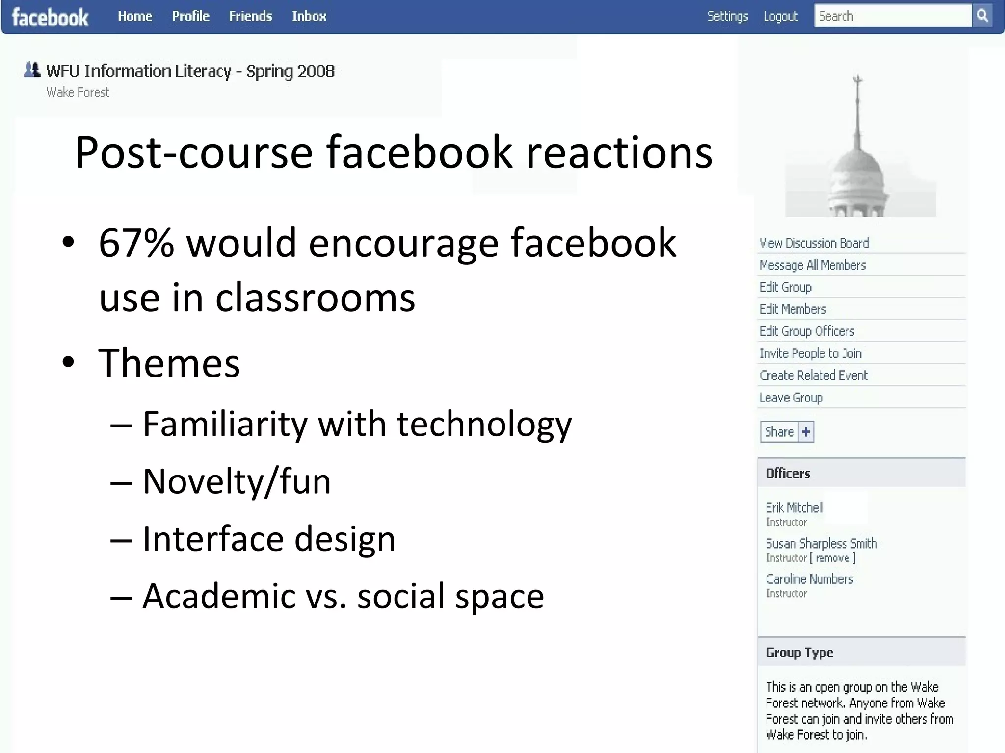 Post-course facebook reactions 67% would encourage facebook use in classrooms Themes Familiarity with technology Novelty/fun Interface design Academic vs. social space 