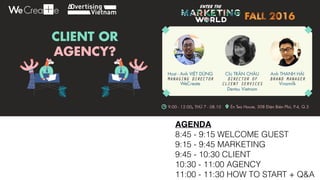 May 2014
AGENDA
8:45 - 9:15 WELCOME GUEST
9:15 - 9:45 MARKETING
9:45 - 10:30 CLIENT
10:30 - 11:00 AGENCY
11:00 - 11:30 HOW TO START + Q&A
 