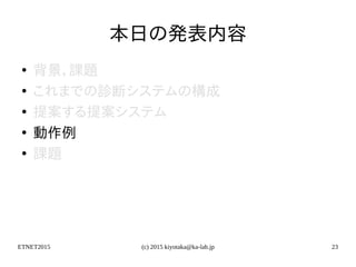 ETNET2015 (c) 2015 kiyotaka@ka-lab.jp 23
本日の発表内容
●
背景，課題
●
これまでの診断システムの構成
●
提案する提案システム
●
動作例
●
課題
 