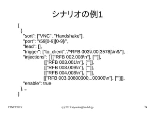ETNET2015 (c) 2015 kiyotaka@ka-lab.jp 24
シナリオの例1
[
{
"sort": ["VNC", "Handshake"],
"port": "/59[0-9][0-9]/",
"lead": [],
"trigger": ["to_client","/^RFB 003.00[3578]n$/"],
"injections": [ [["RFB 002.008n"], [""]],
[["RFB 003.001n"], [""]],
[["RFB 003.009n"], [""]],
[["RFB 004.008n"], [""]],
[["RFB 003.00800000...00000n"], [""]]],
"enable": true
},...
]
 