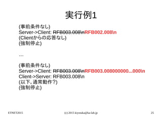 ETNET2015 (c) 2015 kiyotaka@ka-lab.jp 25
実行例1
(事前条件なし)
Server->Client: RFB003.008nRFB002.008n
(Clientからの応答なし)
(強制停止)
…
(事前条件なし)
Server->Client: RFB003.008nRFB003.008000000...000n
Client->Server: RFB003.008n
(以下，通常動作？)
(強制停止)
 