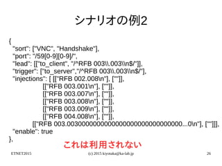 ETNET2015 (c) 2015 kiyotaka@ka-lab.jp 26
シナリオの例2
{
"sort": ["VNC", "Handshake"],
"port": "/59[0-9][0-9]/",
"lead": [["to_client", "/^RFB 003.003n$/"]],
"trigger": ["to_server","/^RFB 003.003n$/"],
"injections": [ [["RFB 002.008n"], [""]],
[["RFB 003.001n"], [""]],
[["RFB 003.007n"], [""]],
[["RFB 003.008n"], [""]],
[["RFB 003.009n"], [""]],
[["RFB 004.008n"], [""]],
[["RFB 003.0030000000000000000000000000000...0n"], [""]]],
"enable": true
},
これは利用されない
 