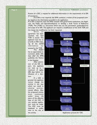 Page 6                                               Environment TOBAGO newsletter

         fication of a CEC, a request for additional information or the requirement of an EIA
         (if necessary).
                   If an EIA is not required, the EMA conducts a review of the proposed activ-
         ity, based on the information provided in the application.
         If an EIA is required, then the EMA consults with government institutions, the Appli-
         cant, the Public and Specialists/Experts to develop a draft Terms of Reference
         (TOR). The (TOR) is a document which sets out the parameters, goals/objectives
         and scope of an EIA. The applicant can request a modification of the draft TOR and
         the reason the modification has been requested.
                   Once        an
         agreement has been
         reached, the final
         TOR is issued. The
         applicant now has to
         provide an EIA meet-
         ing all the items/
         information          re-
         quested in the TOR.
                   The Public
         has an opportunity to
         comment thirty (30)
         days after the EMA
         publishes the Notice
         in the Gazette.
                   After submis-
         sion of the EIA re-
         port, the applicant
         can wait up to a
         maximum of eighty
         (80) days before no-
         tification of a deci-
         sion.
                   If a CEC is
         granted the applicant
         cannot change the
         activity in any way
         which can result in
         adverse        environ-
         mental effects. Also
         the proposed activity
         must        commence
         within three (3)
         years of the effective
         date of the CEC. If
         not, another applica-
         tion must be made.
         The CEC must be
         displayed in public
         view at the site of
         the activity.                                     Application process for CEC
 