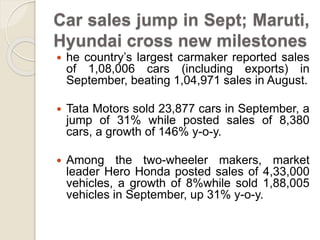 Car sales jump in Sept; Maruti,
Hyundai cross new milestones
 he country’s largest carmaker reported sales
of 1,08,006 cars (including exports) in
September, beating 1,04,971 sales in August.
 Tata Motors sold 23,877 cars in September, a
jump of 31% while posted sales of 8,380
cars, a growth of 146% y-o-y.
 Among the two-wheeler makers, market
leader Hero Honda posted sales of 4,33,000
vehicles, a growth of 8%while sold 1,88,005
vehicles in September, up 31% y-o-y.
 