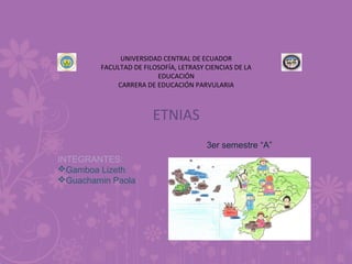 UNIVERSIDAD CENTRAL DE ECUADOR
FACULTAD DE FILOSOFÍA, LETRASY CIENCIAS DE LA
EDUCACIÓN
CARRERA DE EDUCACIÓN PARVULARIA
ETNIAS
INTEGRANTES:
Gamboa Lizeth
Guachamin Paola
3er semestre “A”
 