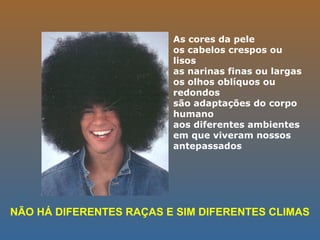 As cores da pele
os cabelos crespos ou
lisos
as narinas finas ou largas
os olhos oblíquos ou
redondos
são adaptações do corpo
humano
aos diferentes ambientes
em que viveram nossos
antepassados
NÃO HÁ DIFERENTES RAÇAS E SIM DIFERENTES CLIMAS
 