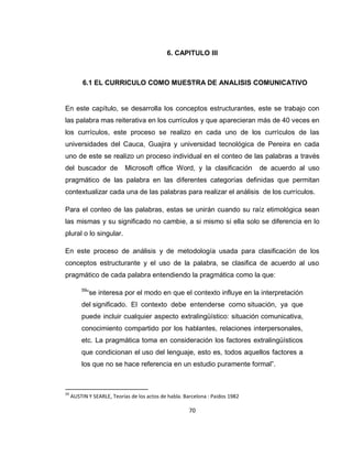 70
6. CAPITULO III
6.1 EL CURRICULO COMO MUESTRA DE ANALISIS COMUNICATIVO
En este capítulo, se desarrolla los conceptos estructurantes, este se trabajo con
las palabra mas reiterativa en los currículos y que aparecieran más de 40 veces en
los currículos, este proceso se realizo en cada uno de los currículos de las
universidades del Cauca, Guajira y universidad tecnológica de Pereira en cada
uno de este se realizo un proceso individual en el conteo de las palabras a través
del buscador de Microsoft office Word, y la clasificación de acuerdo al uso
pragmático de las palabra en las diferentes categorías definidas que permitan
contextualizar cada una de las palabras para realizar el análisis de los currículos.
Para el conteo de las palabras, estas se unirán cuando su raíz etimológica sean
las mismas y su significado no cambie, a si mismo si ella solo se diferencia en lo
plural o lo singular.
En este proceso de análisis y de metodología usada para clasificación de los
conceptos estructurante y el uso de la palabra, se clasifica de acuerdo al uso
pragmático de cada palabra entendiendo la pragmática como la que:
59
“se interesa por el modo en que el contexto influye en la interpretación
del significado. El contexto debe entenderse como situación, ya que
puede incluir cualquier aspecto extralingüístico: situación comunicativa,
conocimiento compartido por los hablantes, relaciones interpersonales,
etc. La pragmática toma en consideración los factores extralingüísticos
que condicionan el uso del lenguaje, esto es, todos aquellos factores a
los que no se hace referencia en un estudio puramente formal”.
59
AUSTIN Y SEARLE, Teorías de los actos de habla. Barcelona : Paidos 1982
 
