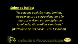Sobre os Índios:
“As pessoas aqui são nuas, bonitas,
de pele escura e corpo elegante, são
mansos e vivem em condições de
igualdade, são cordiais e amáveis.”
(Bartolomé de Las Casas – Frei Espanhol)
 