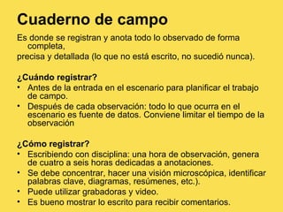 Cuaderno de campo Es donde se registran y anota todo lo observado   de forma completa,  precisa y detallada (lo que no está escrito, no sucedió nunca). ¿Cuándo registrar? Antes de la entrada en el escenario para planificar el trabajo de campo. Después de cada observación: todo lo que ocurra en el escenario es fuente de datos. Conviene limitar el tiempo de la observación  ¿Cómo registrar? Escribiendo con disciplina: una hora de observación, genera de cuatro a seis horas dedicadas a anotaciones.  Se debe concentrar, hacer una visión microscópica, identificar palabras clave, diagramas, resúmenes, etc.).  Puede utilizar grabadoras y video. Es bueno mostrar lo escrito para recibir comentarios. 