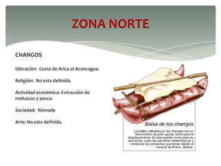 ZONA NORTE
CHANGOS
Ubicación: Costa de Arica al Aconcagua.
Religión: No esta definida.
Actividad económica: Extracción de
moluscos y pesca.
Sociedad: Nómada
Arte: No esta definida.
 