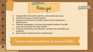 Para qué
1. Comprender la situación real tal y como ocurre las cosas.
2. Identificar causas y consecuencias.
3. Explicar el fenómeno en estudio a partir de la experiencia y
desde dentro.
4. Plantear estrategias y acciones que puedan cambiar el estado
real a otra situación de mejor estado.
5. Proponer alternativas de solución y verificar los resultados que
producen.
6. Discriminar lo relevante de lo insignificante.
 