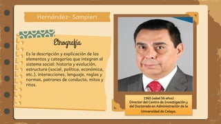 Etnografía
Hernández- Sampieri
Es la descripción y explicación de los
elementos y categorías que integran al
sistema social: historia y evolución,
estructura (social, política, económica,
etc.), interacciones, lenguaje, reglas y
normas, patrones de conducta, mitos y
ritos.
1965 (edad 56 años)
Director del Centro de Investigación y
del Doctorado en Administración de la
Universidad de Celaya.
 