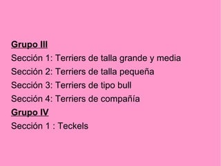 Grupo III
Sección 1: Terriers de talla grande y media
Sección 2: Terriers de talla pequeña
Sección 3: Terriers de tipo bull
Sección 4: Terriers de compañía
Grupo IV
Sección 1 : Teckels

 