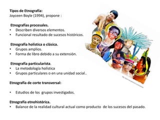 Tipos de Etnografía: 
Joyceen Boyle (1994), propone : 
Etnografías procesales. 
• Describen diversos elementos. 
• Funcional resultado de sucesos históricos. 
Etnografía holística o clásica. 
• Grupos amplios. 
• Forma de libro debido a su extensión. 
Etnografía particularista. 
• La metodología holística 
• Grupos particulares o en una unidad social.. 
Etnografía de corte transversal: 
• Estudios de los grupos investigados. 
Etnografía etnohistórica. 
• Balance de la realidad cultural actual como producto de los sucesos del pasado. 
 