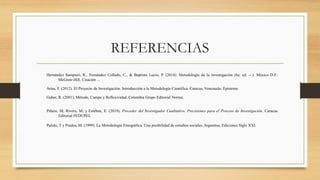 REFERENCIAS
Hernández Sampieri, R., Fernández Collado, C., & Baptista Lucio, P. (2014). Metodología de la investigación (6a. ed. --.). México D.F.:
McGraw-Hill. Citación ...
Arias, F. (2012). El Proyecto de Investigación. Introducción a la Metodología Científica. Caracas, Venezuela: Episteme.
Guber, R. (2001). Método, Campo y Reflexividad. Colombia Grupo Editorial Norma.
Piñero, M; Rivera, M; y Esteban, E. (2019). Proceder del Investigador Cualitativo. Precisiones para el Proceso de Investigación. Caracas.
Editorial FEDUPEL
Pulido, T y Prados, M. (1999). La Metodología Etnográfica. Una posibilidad de estudios sociales. Argentina. Ediciones Siglo XXI.
 