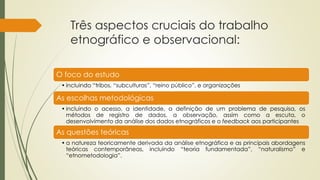 Três aspectos cruciais do trabalho
etnográfico e observacional:
O foco do estudo
• incluindo “tribos, “subculturas”, “reino público”, e organizações
As escolhas metodológicas
• incluindo o acesso, a identidade, a definição de um problema de pesquisa, os
métodos de registro de dados, a observação, assim como a escuta, o
desenvolvimento da análise dos dados etnográficos e o feedback aos participantes
As questões teóricas
• a natureza teoricamente derivada da análise etnográfica e as principais abordagens
teóricas contemporâneas, incluindo “teoria fundamentada”, “naturalismo” e
“etnometodologia”.
 