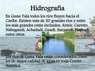 Hidrografía
En Guna Yala todos los ríos fluyen hacia el
Caribe. Existen más de 20 grandes ríos y entre
los más grandes están incluidos, Armir, Carreto,
Nabagandi, Achailadi, Guadi, Sangandi, Napsadi
entre otros.
Los ríos de Guna Yala están considerados como
los de mejor calidad de agua en toda Centro
América.
 