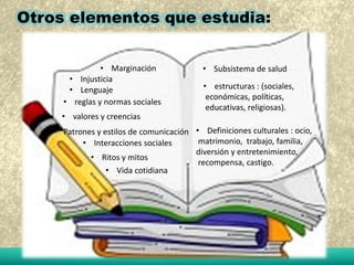 Otros elementos que estudia: 
• Marginación 
• Injusticia 
• Lenguaje 
• reglas y normas sociales 
• valores y creencias 
• Patrones y estilos de comunicación 
• Ritos y mitos 
• Subsistema de salud 
• Interacciones sociales 
• Vida cotidiana 
• estructuras : (sociales, 
económicas, políticas, 
educativas, religiosas). 
• Definiciones culturales : ocio, 
matrimonio, trabajo, familia, 
diversión y entretenimiento, 
recompensa, castigo. 
 
